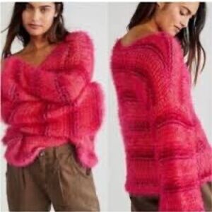 Free People Gelato Pullover Sweater Fuzzy Star Pink Combo Size L